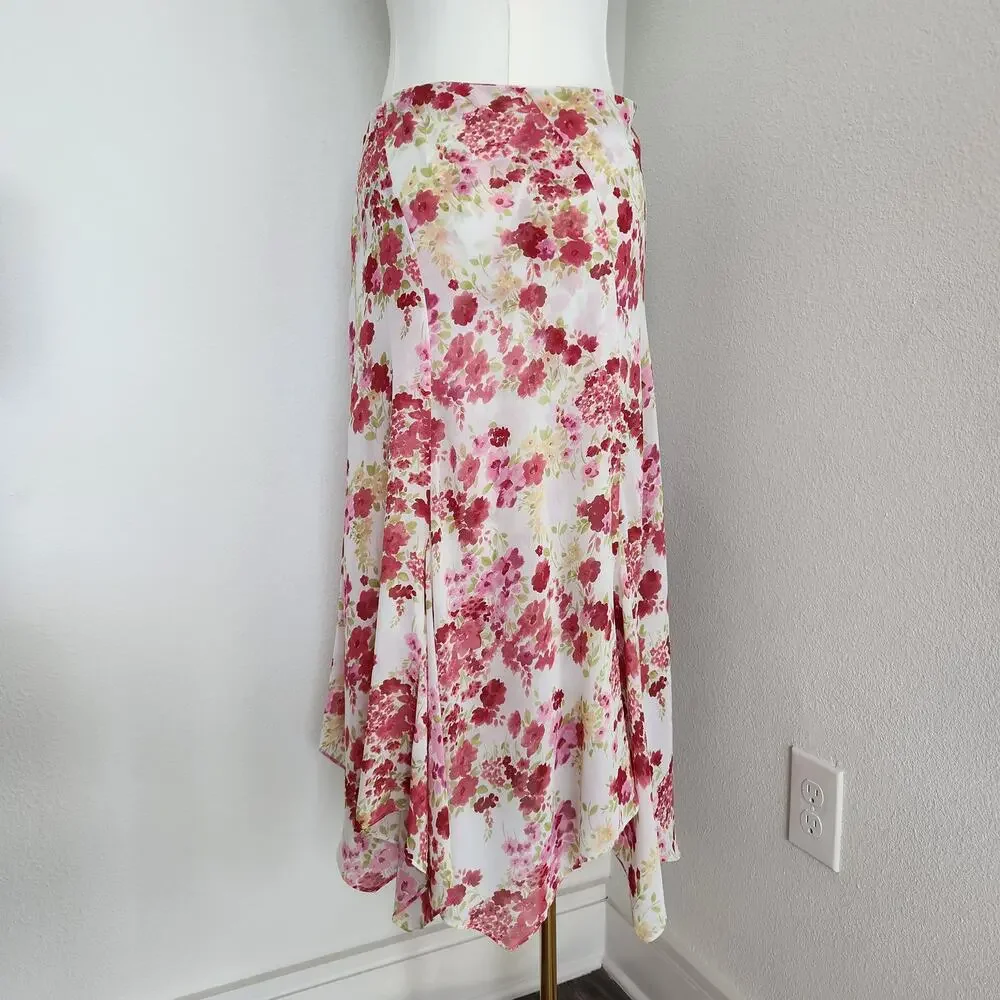 Vintage Y2K White Pink Floral Fairycore Midi Skirt Mid Rise Emma James 14